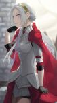  1girl armor cape closed_mouth e5nf8v edelgard_von_hresvelg fire_emblem fire_emblem:_three_houses fire_emblem_warriors:_three_hopes gloves hair_ornament hair_ribbon highres long_hair long_sleeves looking_at_viewer low_ponytail official_alternate_costume red_cape ribbon simple_background skirt solo violet_eyes white_hair 
