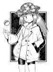  1girl absurdres bag bike_shorts blush buttons collarbone cowboy_shot floral_background floral_print greyscale hand_in_pocket hat highres jacket leaf_(pokemon) looking_to_the_side monochrome mr.thunderigor official_alternate_costume parted_lips poke_ball poke_ball_(basic) pokemon pokemon_(game) pokemon_masters_ex smile standing twitter_username 