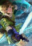  1boy armor blonde_hair blue_eyes chainmail clenched_teeth earrings fighting gloves green_headwear green_tunic highres holding holding_shield holding_sword holding_weapon jewelry lightning link looking_at_viewer male_focus pointy_ears pra_11 rain shield shirt short_hair shoulder_strap sidelocks solo sword teeth the_legend_of_zelda the_legend_of_zelda:_skyward_sword water_drop weapon white_shirt 