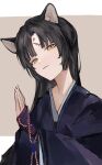  1girl animal_ears arknights bangs black_hair black_kimono blunt_bangs brown_background dog_ears facial_mark forehead_mark hand_up head_tilt highres japanese_clothes kimono lch long_hair long_sleeves looking_at_viewer orange_eyes parted_bangs parted_lips saga_(arknights) solo two-tone_background upper_body white_background wide_sleeves 