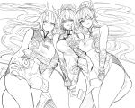  3girls :q alternate_breast_size arknights arm_tattoo arm_under_breasts bead_bracelet beads bracelet breasts covering covering_crotch dragon_horns dragon_tail dress dusk_(arknights) fkskii65 greyscale hands_on_hips hands_on_own_chest highres horns jewelry large_breasts leg_tattoo licking_lips lineart ling_(arknights) long_hair looking_at_viewer lying monochrome multiple_girls neck_ribbon nian_(arknights) nian_(unfettered_freedom)_(arknights) official_alternate_costume on_back on_bed one_eye_closed pointy_ears ribbon simple_background sleeveless sleeveless_dress split_mouth tail tattoo tongue tongue_out very_long_hair wavy_hair white_background 