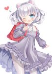  1girl absurdres animal_ears backpack bag bear_ears bear_girl blue_eyes blush child dress female_child grey_hair hajime_yo heart highres one_eye_closed open_mouth original pantyhose purple_dress randoseru short_hair smile solo white_pantyhose wind wind_lift 