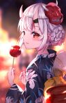  1girl absurdres bangs black_kimono blurry blurry_background blush braid braided_bun candy_apple closed_mouth commentary_request depth_of_field fang fang_out festival floral_print food grey_hair hair_bun hand_fan highres holding holding_food hololive horns japanese_clothes kimono looking_at_viewer looking_back masaki_(msk064) mask mask_on_head multicolored_hair nakiri_ayame oni oni_horns oni_mask paper_fan print_kimono red_eyes redhead smile solo streaked_hair uchiwa virtual_youtuber yukata 
