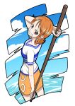  1girl musasabiop nami_(one_piece) one_piece orange_eyes orange_hair orange_skirt shirt short_sleeves skirt smile solo stick striped striped_shirt 