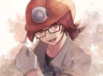  1boy :d black-framed_eyewear black_shirt commentary_request glasses gloves grey_jacket hand_up helmet highres jacket looking_at_viewer male_focus open_mouth pokemon pokemon_(game) pokemon_dppt red_eyes redhead roark_(pokemon) shirt short_sleeves sioinari_03 smile solo teeth tongue white_gloves 