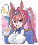  1girl animal_ears ayuuuuuu bangs blue_jacket blush breasts center_frills cherry_blossoms cropped_torso daiwa_scarlet_(umamusume) fang framed_breasts frills hair_intakes hand_up horse_ears index_finger_raised jacket large_breasts long_hair looking_at_viewer open_mouth shirt skin_fang smile solo spoken_number tiara twintails umamusume upper_body v-shaped_eyebrows white_shirt 
