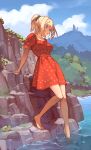  1girl bangs barefoot blonde_hair blue_eyes blue_scrunchie blue_sky breasts clouds collarbone day dress elf english_commentary feet frog full_body hair_ornament hair_scrunchie high_ponytail highres medium_breasts medium_hair mountain mountainous_horizon original outdoors pointy_ears pond puffy_short_sleeves puffy_sleeves red_dress scenery scrunchie short_sleeves sidelocks sky solo standing sunlight timbougami toes 