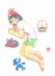 1girl barefoot black_hair closed_eyes green_shorts litten pokemon pokemon_sm popplio red_hat rowlet selene_(pokemon) sleeping smile yellow_shirt