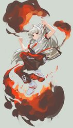  1girl absurdres adapted_costume baggy_pants bangs blunt_bangs bow breasts closed_mouth clynxen commentary fire floating_hair fujiwara_no_mokou full_body grey_background hair_bow highres hime_cut jumping long_hair looking_at_viewer medium_breasts necktie ofuda ofuda_on_clothes pants red_eyes red_necktie red_pants serious shirt shoes short_sleeves sidelocks smoke sneakers solo suspenders touhou very_long_hair white_bow white_footwear white_hair white_shirt 