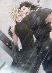  2b_fff 2boys aqua_eyes arm_around_back arm_around_shoulder armor belt black_gloves black_hair black_shirt blonde_hair blue_shirt buster_sword cloud_strife final_fantasy final_fantasy_vii final_fantasy_vii_remake gloves grey_background hair_between_eyes hair_slicked_back holding holding_sword holding_weapon male_focus materia messy_hair multiple_belts multiple_boys open_mouth rain scar scar_on_cheek scar_on_face shirt short_hair shoulder_armor sideburns sleeveless sleeveless_turtleneck smile spiky_hair suspenders sword teeth turtleneck upper_body upper_teeth weapon zack_fair 