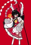  1girl absurdres ascot bangs black_hair blunt_bangs bow detached_sleeves feet_out_of_frame floating_clothes floating_hair frilled_bow frilled_skirt frills gohei hair_bow hair_tubes hakurei_reimu hand_up highres holding huge_bow long_hair long_sleeves looking_away looking_to_the_side neruzou nontraditional_miko ofuda parted_lips paw_print paw_print_pattern ponytail print_skirt red_background red_bow red_eyes red_ribbon red_skirt red_vest ribbon ribbon-trimmed_sleeves ribbon_trim sidelocks simple_background skirt skirt_set socks solo standing touhou vest white_sleeves white_socks wide_sleeves wily_beast_and_weakest_creature yellow_ascot 