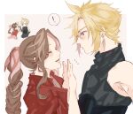  ! 1boy 1girl aerith_gainsborough bangs blonde_hair blue_eyes blush braid braided_ponytail brown_hair chibi closed_eyes cloud_strife couple dress earrings final_fantasy final_fantasy_vii final_fantasy_vii_remake hair_between_eyes hair_ribbon hands_up high_five highres jacket jewelry long_hair looking_at_another nitijoy2 parted_bangs parted_lips pink_dress pink_ribbon red_jacket ribbon short_hair sidelocks single_earring sleeveless sleeveless_turtleneck smile spiky_hair turtleneck upper_body wavy_hair 