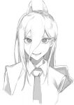 1girl chainsaw_man cross-shaped_pupils drawing_alpaca grey_background greyscale hair_between_eyes highres horns long_hair looking_at_viewer monochrome necktie parted_lips power_(chainsaw_man) sharp_teeth simple_background sketch smile solo symbol-shaped_pupils teeth upper_body 