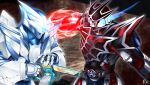  2boys absurdres angel angel_wings asymmetrical_armor battle blue_armor blue_eyes bug clenched_hand commentary demons_driver english_commentary extra_eyes fighting highres holy_live imminent_hit kamen_rider kamen_rider_demons kamen_rider_live livegun multiple_boys reiei_8 spider spider_genome spoilers typo upper_body visor wing_genome wings 