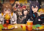  1boy 4girls animal_ears arknights arm_up bison_(arknights) black_bandeau black_dress black_gloves black_hair black_jacket black_shirt blonde_hair blush burger burger_malfunction cow_boy cow_ears cow_girl cow_horns croissant_(arknights) cup disposable_cup dress ear_piercing exusiai_(arknights) fighting fingerless_gloves food gloves green_eyes hair_between_eyes hair_over_one_eye halo highres holding holding_food horns id_card indoors jacket lettuce licking licking_finger multiple_girls necktie open_mouth orange_eyes penguin_logistics_(arknights) piercing potato_wedges red_eyes red_necktie redhead senjou_no_pentsu shirt sora_(arknights) sweatdrop texas_(arknights) tomato twintails visor_cap white_gloves white_jacket wolf_ears wolf_girl 