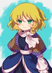  1girl arm_warmers bangs blonde_hair blue_background cowboy_shot e_sdss green_eyes highres light_smile looking_at_viewer medium_hair mizuhashi_parsee pointy_ears scarf simple_background skirt solo touhou white_scarf 