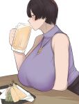  alcohol beer beer_mug black_hair black_skirt blouse blush breasts chichi8181 cup drinking_glass food highres huge_breasts jewelry looking_at_viewer mug necklace original shirt short_hair sitting skirt sleeveless white_background 
