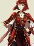  1girl armor breasts dress fire_emblem fire_emblem:_mystery_of_the_emblem gloves headband highres looking_at_viewer minerva_(fire_emblem) red_armor red_eyes redhead short_hair simple_background solo yori_ilrosso 