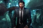  bangs belt black_hair black_jacket city crowd facial_hair final_fantasy final_fantasy_vii formal goatee hair_slicked_back highres jacket male_focus mature_male medium_hair necktie parted_bangs rain reeve_tuesti shirt spykeee suit umbrella upper_body walking white_shirt 