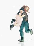  1boy 1girl aerith_gainsborough armor black_gloves black_hair boots braid braided_ponytail brown_hair carrying carrying_over_shoulder carrying_person couple dress final_fantasy final_fantasy_vii final_fantasy_vii_remake full_body gloves green_eyes hair_ribbon happy highres jacket lifting_person long_hair maiii_(smaii_i) open_mouth pink_dress pink_ribbon red_jacket ribbon running scar scar_on_cheek scar_on_face shoulder_armor simple_background spiky_hair sweater turtleneck turtleneck_sweater zack_fair 