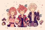  1girl belt black_hair black_jacket blush bob_cut bracelet brown_hair buttons carrying carrying_under_arm chain_necklace closed_eyes dress fingerless_gloves gloves green_hair hair_between_eyes hand_up holding_hands hood hoodie jacket jewelry kairi_(kingdom_hearts) kingdom_hearts kingdom_hearts_iii mickey_mouse multicolored_clothes multicolored_hoodie multiple_boys necklace open_mouth pink_dress riku_(kingdom_hearts) shirt short_hair short_sleeves smile sora_(kingdom_hearts) spiky_hair star_(symbol) upper_body vanitas waving white_shirt winnie_the_pooh xpo917 