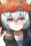  1girl animal_ears bangs closed_mouth collarbone dated flower flower_wreath fur_trim grey_hair hair_between_eyes hand_up head_wreath horse_ears koruri looking_at_viewer red_flower seiun_sky_(umamusume) short_hair smile solo twitter_username umamusume upper_body violet_eyes 