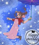  1girl aerith_gainsborough bangle bangs blue_background blue_flower blue_rose boots bracelet braid braided_ponytail breasts brown_hair buttons cropped_jacket curly_hair dress final_fantasy final_fantasy_vii floral_background flower full_body green_eyes hair_ribbon happy_sex holding holding_umbrella jacket jewelry jumping long_dress long_hair medium_breasts open_mouth parted_bangs pink_dress pink_ribbon purple_umbrella red_jacket ribbon rose shiko_jumpa short_sleeves sidelocks smile solo teeth umbrella upper_teeth 