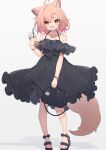  1girl :d absurdres animal_ears bag bare_shoulders black_dress black_footwear commission cup disposable_cup dress drinking_straw fang fox_ears fox_girl fox_tail frilled_dress frills full_body gradient_hair handbag highres hinata_(user_rjkt4745) jewelry light_brown_hair multicolored_hair off-shoulder_dress off_shoulder orange_eyes original pendant pink_hair pink_nails sandals short_hair skeb_commission skin_fang smile standing tail 