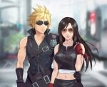  1boy 1girl apron arm_ribbon armor bare_shoulders belt black_gloves black_hair blonde_hair blue_eyes blurry blurry_background breasts city cloud_strife collarbone couple crop_top earrings final_fantasy final_fantasy_vii final_fantasy_vii_advent_children fingerless_gloves gloves hand_on_another&#039;s_hip high_collar jewelry large_breasts long_hair midriff_peek multiple_belts navel outdoors red_eyes red_gloves ribbon shoulder_armor spiky_hair stup-jam sunglasses tifa_lockhart waist_apron 