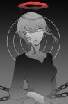  1girl absurdres chain chainsaw_man collarbone dark_halo drawing_alpaca eyelashes gradient gradient_background grey_background greyscale hair_between_eyes halo highres long_hair looking_at_viewer makima_(chainsaw_man) monochrome parted_lips ringed_eyes solo spot_color 