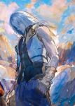  1boy aqua_eyes bare_shoulders belt clouds cloudy_sky hair_between_eyes hand_in_pocket highres johngaramond kingdom_hearts long_hair male_focus outdoors parted_lips roxas sketch sky solo toned toned_male turtleneck white_hair zipper zipper_pull_tab 