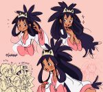  !? 1girl 3boys :d ash_ketchum bangs black_hair blush_stickers bow brown_eyes character_name closed_mouth commentary dark-skinned_female dark_skin eyelashes goh_(pokemon) hair_rings hand_up hands_up highres holding holding_poke_ball hop_(pokemon) iris_(pokemon) long_hair multiple_boys notice_lines open_mouth partially_colored pink_background pink_bow poke_ball poke_ball_(basic) pokemon pokemon_(anime) pokemon_journeys rotom rotom_phone shirt smile soulubles sparkle teeth tiara tongue twitter_username upper_teeth white_shirt 