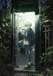  1boy absurdres ahoge arene_(arknights) arknights bag bishounen black_nails choker ear_piercing full_body green_eyes halo hand_in_pocket hand_up highres jacket looking_at_viewer male_focus outdoors phone_booth piercing short_hair solo tuzhate white_hair 