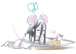  &gt;_&lt; 1girl absurdres animal_ears arisu_(blue_archive) black_hair blanchat blue_archive cheese fake_animal_ears food hair_between_eyes halo highres long_hair mouse_ears mouse_girl mouse_tail mousetrap sketch tail white_background 