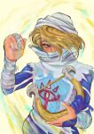  1girl absurdres androgynous bandages blonde_hair blush emipon244 highres long_sleeves looking_at_viewer lyre mask red_eyes sheik sheikah standing surcoat the_legend_of_zelda the_legend_of_zelda:_ocarina_of_time turban white_headwear 