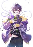  1boy absurdres bishounen earrings fangs fangs_out haisaijun highres jacket jewelry long_sleeves looking_at_viewer male_focus nijisanji nijisanji_en open_mouth purple_hair purple_jacket short_hair shoto_(vtuber) smile solo sweater violet_eyes virtual_youtuber 