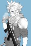  1boy adjusting_scarf armor belt blue_background blue_eyes blush breath cloud_strife crisis_core_final_fantasy_vii earrings final_fantasy final_fantasy_vii gloves gun harness jewelry ko102k1 long_sleeves machine_gun male_focus monochrome pants protected_link scarf short_hair shoulder_armor single_earring sleeves_rolled_up solo spiky_hair steam suspenders upper_body weapon younger 