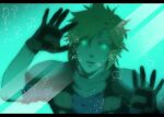  1boy against_glass air_bubble aqua_eyes armor blonde_hair blue_shirt bubble cloud_strife final_fantasy final_fantasy_vii gloves glowing glowing_eyes hair_between_eyes kyoujixxxx letterboxed looking_at_viewer male_focus open_mouth scarf shirt short_hair shoulder_armor sleeves_rolled_up solo spiky_hair suspenders test_tube underwater upper_body 
