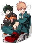  2boys absurdres bad_id bad_twitter_id bakugou_katsuki bakugou_katsuki_(cosplay) blonde_hair bodysuit boku_no_hero_academia cosplay costume_switch crossed_arms freckles green_bodysuit green_eyes green_hair highres kai2_ly long_sleeves looking_at_another looking_to_the_side male_focus midoriya_izuku midoriya_izuku_(cosplay) multiple_boys open_mouth red_eyes red_footwear shoes short_hair simple_background sitting speech_bubble spiky_hair translation_request white_background 