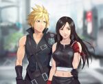  1boy 1girl apron arm_ribbon armor bare_shoulders belt black_gloves black_hair blonde_hair blue_eyes blurry blurry_background breasts city cloud_strife collarbone couple crop_top earrings final_fantasy final_fantasy_vii final_fantasy_vii_advent_children fingerless_gloves gloves hand_on_another&#039;s_hip high_collar jewelry large_breasts long_hair midriff_peek multiple_belts navel outdoors red_eyes red_gloves ribbon shoulder_armor spiky_hair stup-jam tifa_lockhart waist_apron 