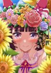  1girl animal_ears artist_name brown_hair ear_covers eyelashes flower hair_flower hair_ornament hairband hands_on_own_cheeks hands_on_own_face highres horse_ears horse_girl nishino_flower_(umamusume) outdoors pink_flower pink_hairband rose signature smile solo sunflower takotoma22 umamusume violet_eyes yellow_flower 