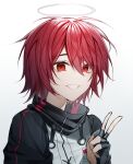  1girl :d arknights black_gloves clenched_teeth exusiai_(arknights) fingerless_gloves gloves grin hair_between_eyes halo hand_up highres id_card jacket looking_at_viewer ninshi portrait red_eyes redhead short_hair simple_background smile solo teeth v white_background white_jacket 
