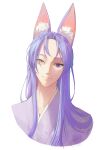  1boy alternate_hair_length alternate_hairstyle animal_ear_fluff animal_ears bangs closed_mouth fox_boy fox_ears heterochromia highres japanese_clothes kimono kuya_(nu_carnival) long_hair looking_at_viewer male_focus mole mole_under_eye nu_carnival portrait purple_hair purple_kimono sad_adrian simple_background slit_pupils smile solo straight_hair violet_eyes white_background yellow_eyes 