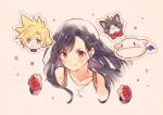  1boy 1girl bare_shoulders black_hair blonde_hair blue_eyes blush cait_sith_(ff7) clenched_hands cloud_strife collarbone earrings final_fantasy final_fantasy_vii fingerless_gloves gloves jewelry long_hair moogle red_eyes red_gloves smile spiky_hair starry_background suspenders tank_top tifa_lockhart upper_body white_tank_top xpo917 