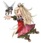  1boy 1girl angel angel_wings arm_up black_hair blonde_hair brown_eyes chibi chizuru_(ti_mo_si2) dark_pit dress floating flower hair_flower hair_ornament kid_icarus kid_icarus_uprising long_hair looking_at_another open_mouth outstretched_arm sandals simple_background smile very_long_hair viridi white_background wings 