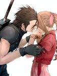  1boy 1girl aerith_gainsborough armor black_gloves black_hair blue_eyes bracelet braid braided_ponytail brown_hair buster_sword couple crying dress final_fantasy final_fantasy_vii final_fantasy_vii_remake from_side gloves hair_ribbon hands_up highres imminent_hug jacket jewelry long_hair looking_at_another maiii_(smaii_i) pink_dress pink_ribbon red_jacket ribbon shoulder_armor spiky_hair sweater tears turtleneck turtleneck_sweater weapon weapon_on_back white_background zack_fair 
