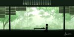 1girl artist_name blurry blurry_background bush dark forest green_theme h_yuusui highres looking_to_the_side nature on_floor original scenery seiza shadow short_hair signature silhouette sitting solo table tree 