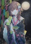  1girl :d absurdres ahoge bamboo bangs black_kimono blunt_bangs blurry blurry_background blush bracelet braid brown_hair depth_of_field hair_ornament highres holding holding_tanzaku japanese_clothes jewelry kimono looking_at_viewer moon multicolored_clothes multicolored_kimono night open_mouth original outdoors pink_kimono red_eyes single_braid sky smile solo standing star_(sky) star_(symbol) star_hair_ornament starry_sky striped striped_kimono tanabata tanzaku umemaro_(siona0908) 