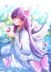  1girl animal aoshima_kanae bangs blurry blurry_foreground blush bug butterfly butterfly_hair_ornament closed_mouth commentary_request depth_of_field frilled_kimono frills grey_kimono hair_between_eyes hair_ornament hands_up japanese_clothes kimono long_hair long_sleeves original purple_hair red_eyes shallow_water smile solo very_long_hair water wide_sleeves 
