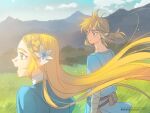  1boy 1girl blonde_hair blue_eyes blue_shirt blue_tunic blush braid earrings flower grass green_eyes hair_between_eyes hair_flower hair_ornament hairclip jewelry link long_hair looking_at_another looking_to_the_side low_ponytail mountain nito_minatsuki open_mouth outdoors pointy_ears princess_zelda shirt sidelocks smile the_legend_of_zelda the_legend_of_zelda:_breath_of_the_wild thick_eyebrows tree upper_body white_shirt wind 